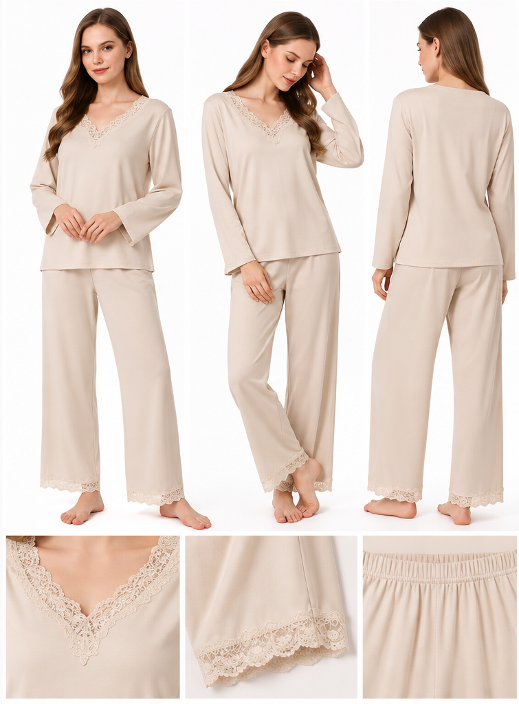 Ensemble pyjama rose et beige en détail - Copie Pyjama finitions dentelle beige SM2832 – Women'Secret Dz