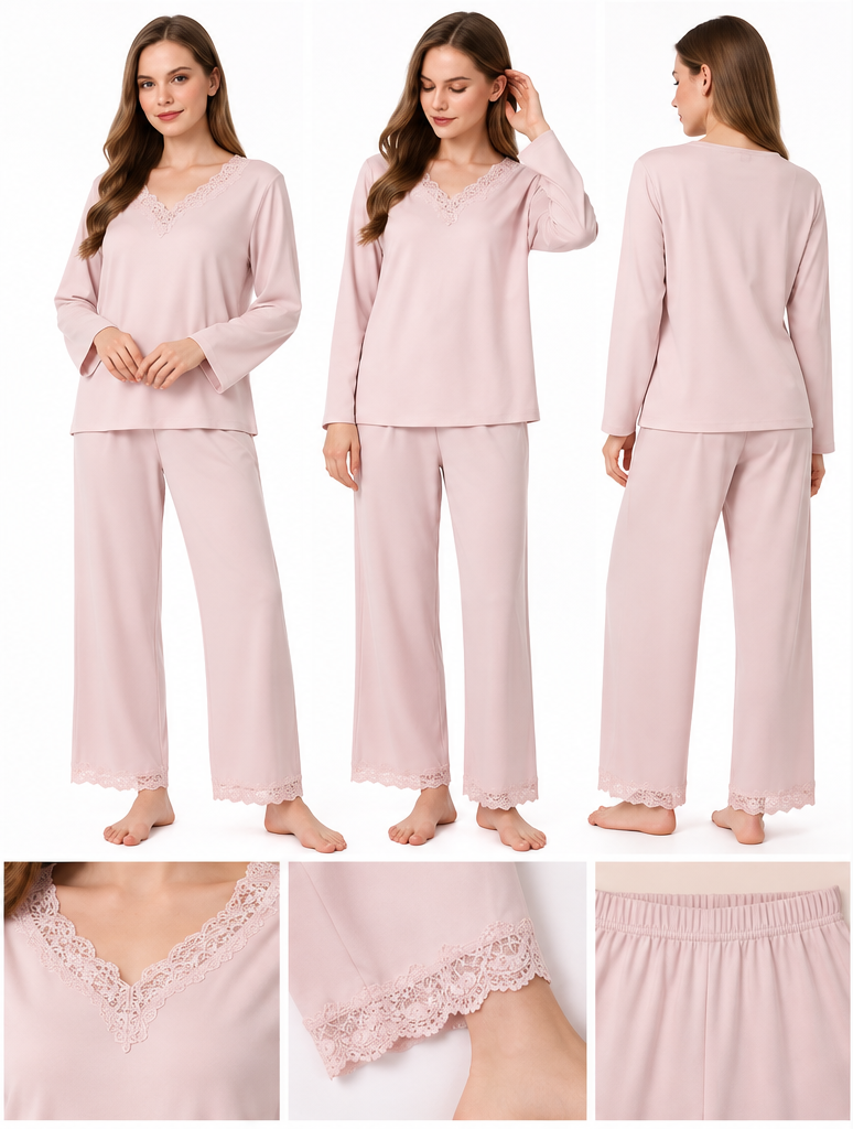 Ensemble pyjama rose et beige en détail Pyjama finitions dentelle rose SM2832 – Women'Secret Dz